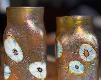 HERB A THOMAS Yellow Art Glass Vase Signed HAT Iridescent Flowers Vintage