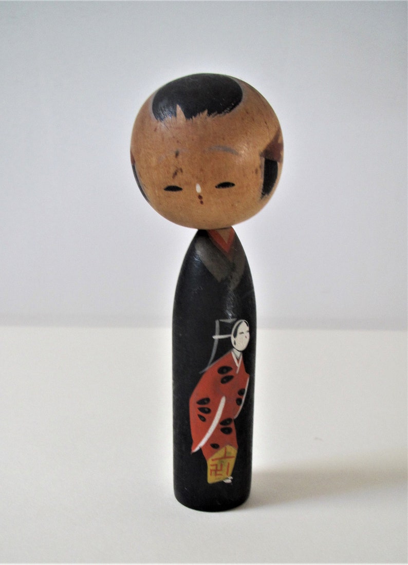 Vintage Japan Kokeshi Kimono Peg Wood Doll Bobble Boy 1 doll image 1