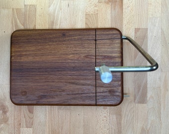 Good Wood NOS Teak Cheese Cutting Board with Steel Arm and Cutting Wire
