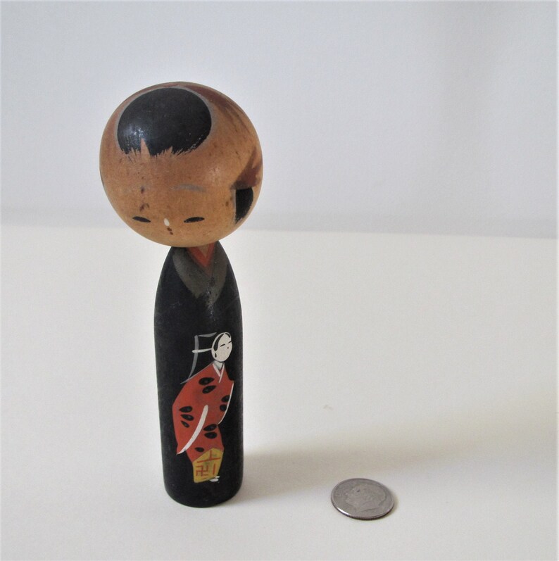 Vintage Japan Kokeshi Kimono Peg Wood Doll Bobble Boy 1 doll image 4