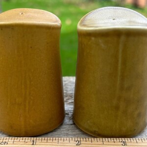 May include: A pair of ceramic salt and pepper shakers. The shakers are a muted yellow-brown color with a slightly glossy finish. Each shaker has a rounded top with a single hole and a cylindrical body. The shakers are approximately 3 inches tall.
