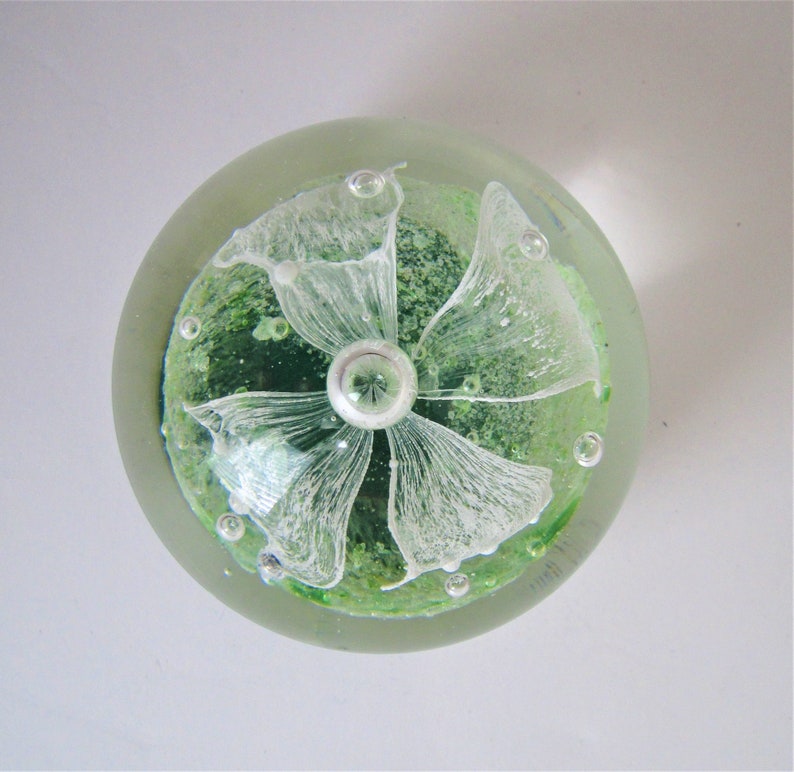 Controlled Bubble Green White Glass Paperweight image 1