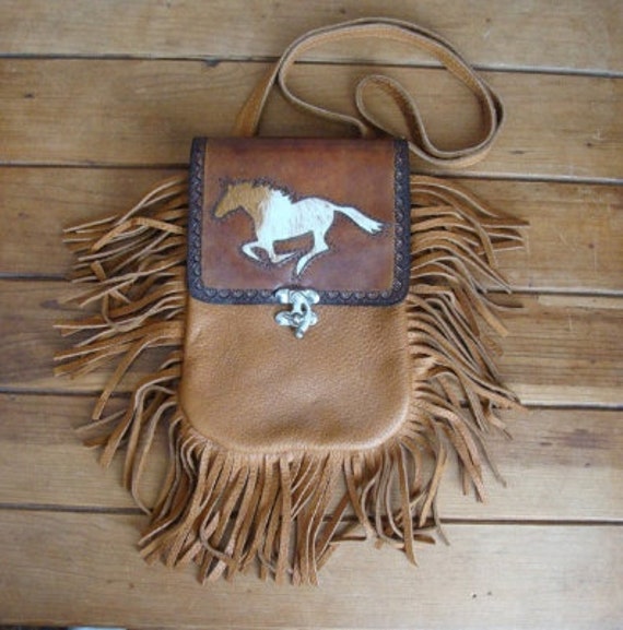 1970s Leather Hand Tooled Fringed Mustang Shoulde… - image 2