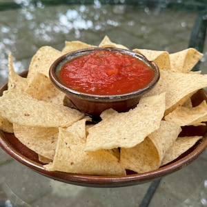 May include: A brown ceramic bowl filled with red salsa sits in the center of a plate of light brown tortilla chips.