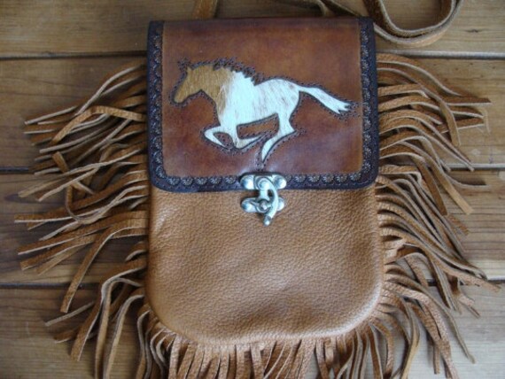 1970s Leather Hand Tooled Fringed Mustang Shoulde… - image 1