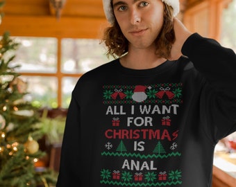 Funny Ugly Christmas Sweater, All I Want For Christmas Is Anal, Funny Unisex Sweatshirt, Funny Xmas Sweater Party, Anal fun, Rude Offensive