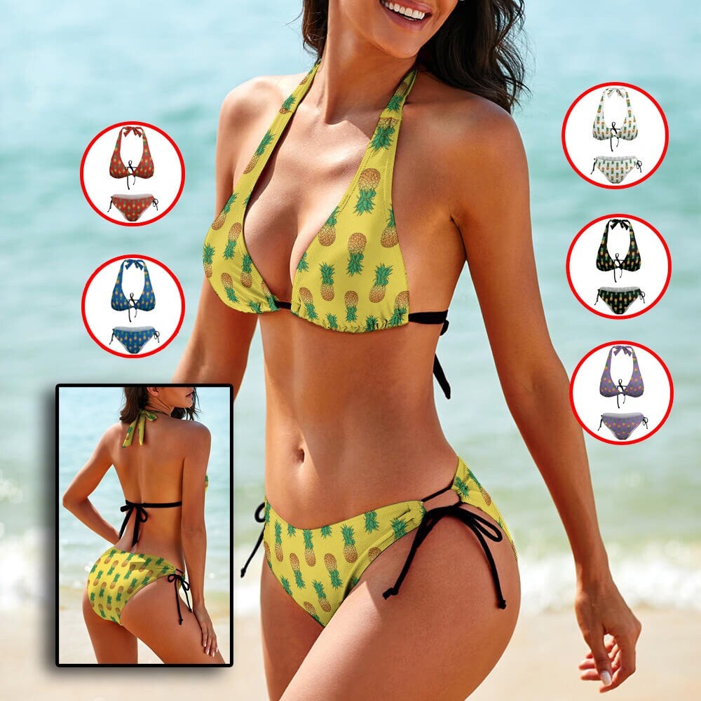 Twin Strap Bra Bikini With Bow Detail in Peach Crinkle