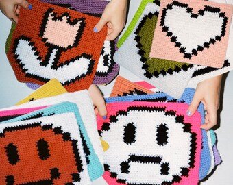 Four Pattern Bundle: 8 Bit Heart, Flower, Smiley and Sad Face Crochet Patterns
