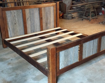 King Size Bed Frame with Wood Panels on Headboard and Footboard, Rustic Reclaimed Wood, Barnwood MN