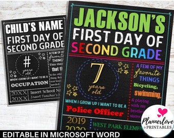 Editable 1st Day of Second Grade Chalkboard Sign, Printable! 2nd Grade Back to School Photo Prop, Printable First Day of School Sign