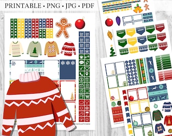 Printable Ugly Sweater Planner Sticker Kit, Tacky Sweater Theme, Ugly Sweater Scrapbook Stickers, Gaudy Holiday Planner Stickers