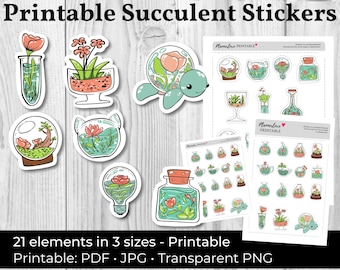 Printable Succulent Stickers, Whimsical Hand Drawn Stickers, Printable Succulents Stickers, Scrapbook Stickers, Succulent Planner Stickers