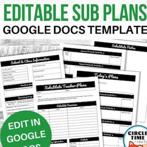 Editable Sub Plans, Substitute Teacher Plans, Sub Plan Template,  Casual Relief Teacher Notes, Substitute Folder, Google Docs