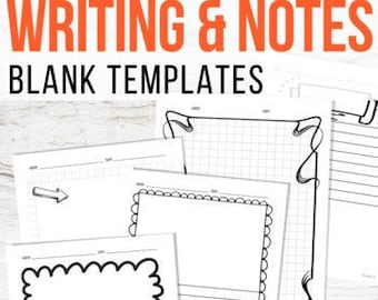 May include: Five printable blank writing templates with different borders and lines. The templates include a grid, lined paper, a scalloped border, a wavy border, and a simple rectangle border.