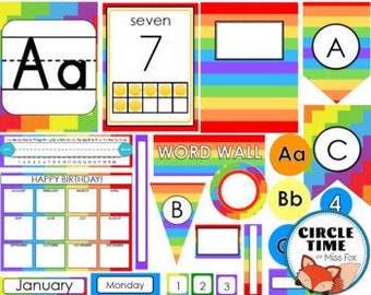 Printable Rainbow Classroom Decor, Rainbow Theme Elementary Classroom Decorations and Labels, Rainbow Decor Printable Kindergarten Classroom