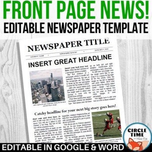 Plantilla de portada de periódico editable, Periódico Google Docs, Periódico de Microsoft Word, Plantilla de periódico estudiantil, Proyecto virtual