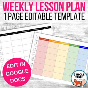 Google Docs Lesson Plan Template EDITABLE, Weekly Teacher Planner, Digital Lesson Planner, One Page Horizontal Layout