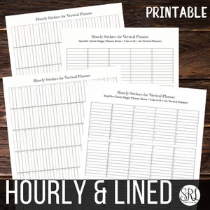 May include: Printable hourly stickers for vertical planners. The stickers are sized for Classic Happy Planner boxes and can be trimmed to fit 1.5 inch vertical planners. The stickers are black and white and have a grid pattern.