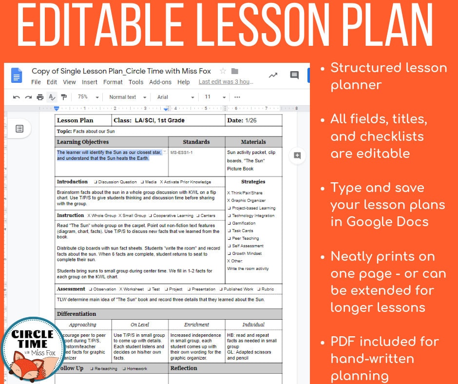 EDITABLE Lesson Plan Template in Google Docs Digital Lesson - Etsy