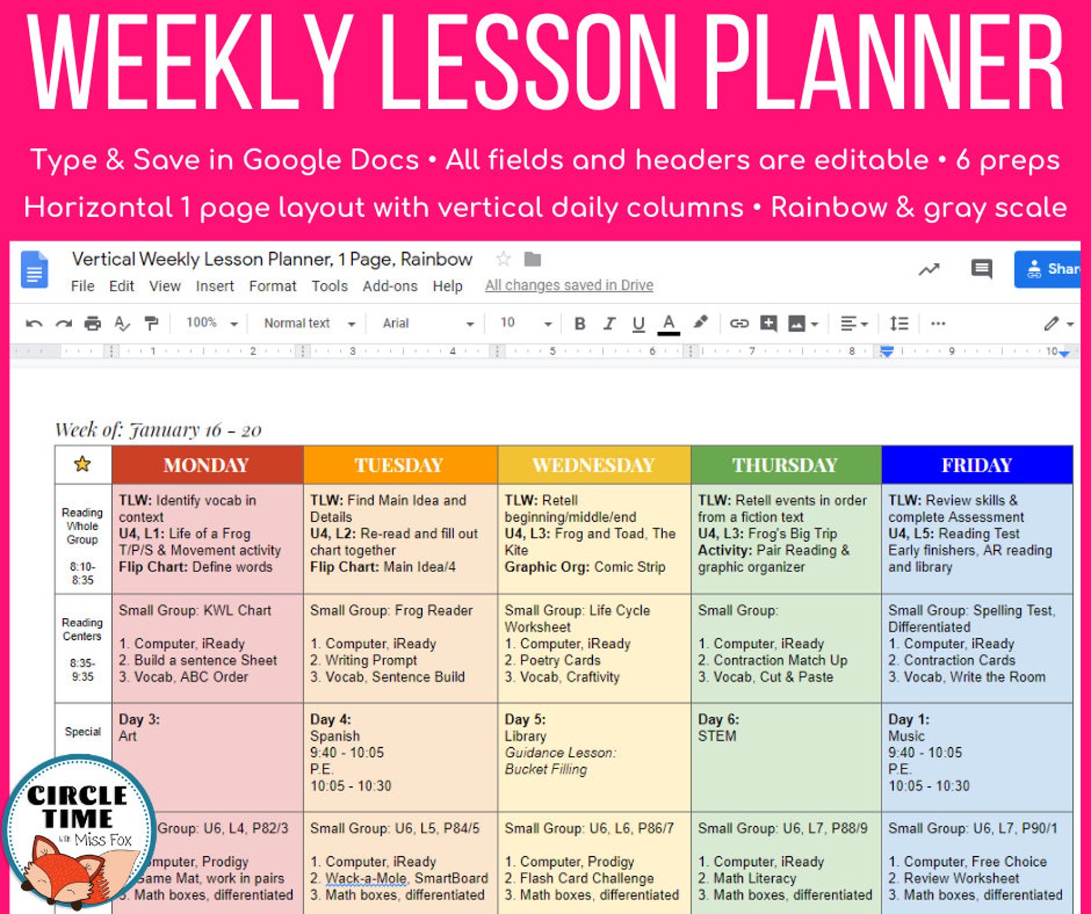 Google Docs Lesson Plan Template EDITABLE Weekly Teacher Etsy