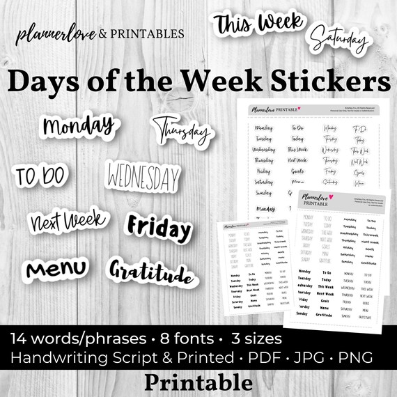printable days of the week stickers cute days of the week etsy