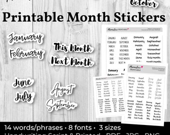 Printable Month Stickers: Cute Month Stickers, Printable Sticker Month, Scrapbook Stickers Month Planner Stickers