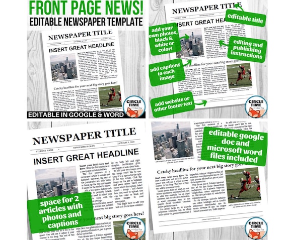Editable Newspaper Front Page Template Google Docs Newspaper Etsy