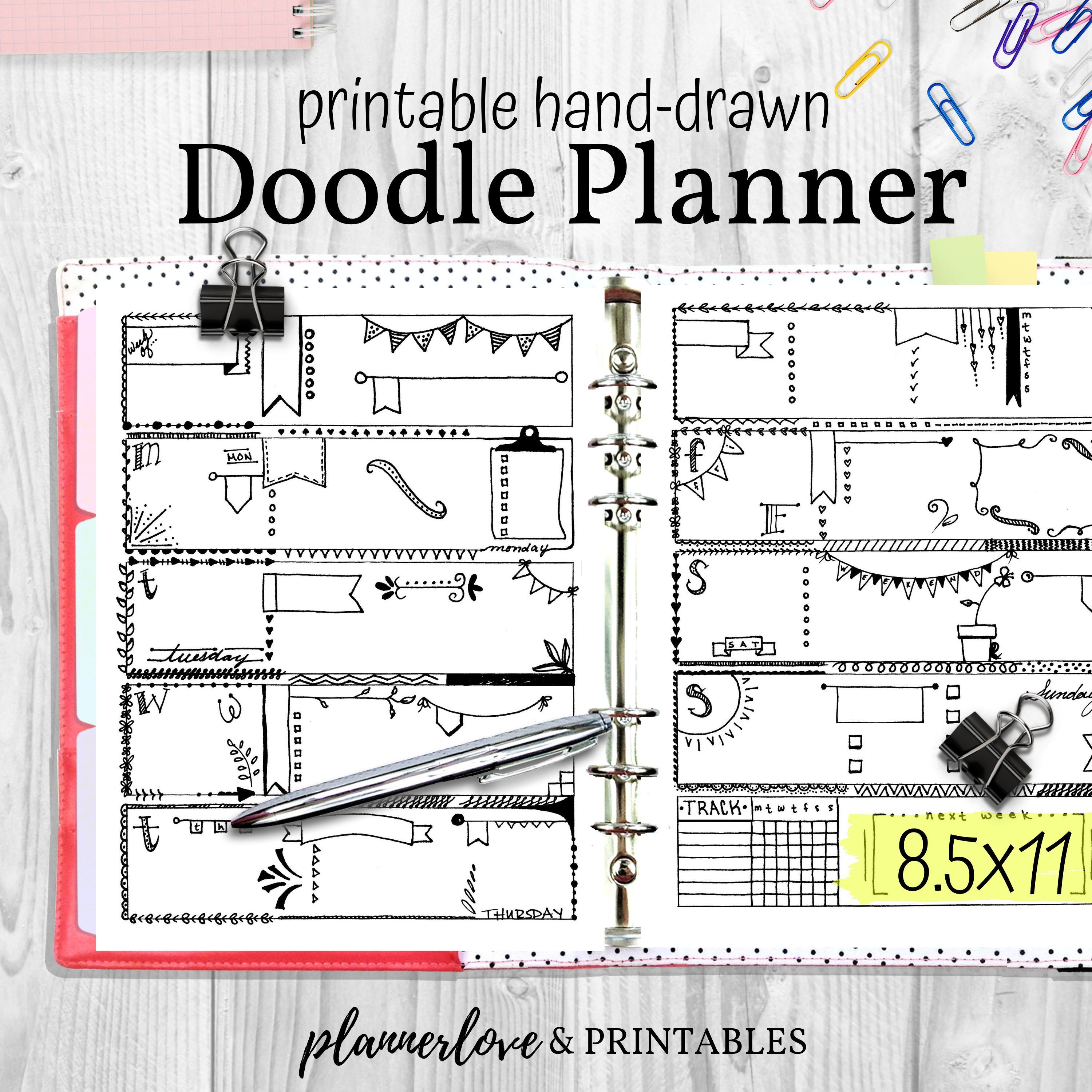 Doodle Planner Hand Drawn Coloring Planner Inserts Letter Etsy