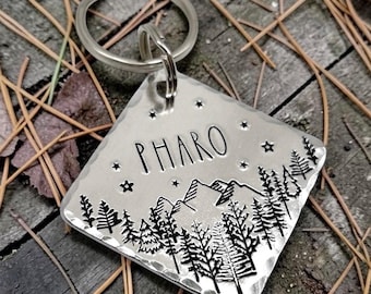 Hand Stamped Hexagonal Dog Tag – Forest & Mountain Design – Brass, Copper or Aluminium Pet Tag