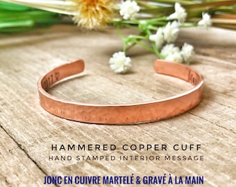 Copper Cuff Bracelet, Hammered Copper Cuff, Copper Message Cuff, Stamped Copper Bangle, Personalised Copper Cuff