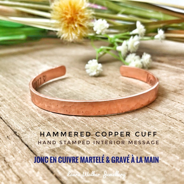Copper Cuff Bracelet, Hammered Copper Cuff, Copper Message Cuff, Stamped Copper Bangle, Personalised Copper Cuff