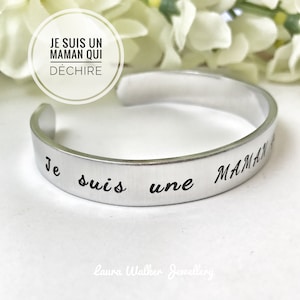 Hand Stamped Personalised Cuff Bangle, Custom Metal Bangle, Message Bangle, &#39;Je suis une MAMAN qui déchire&#39;