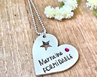 Hand Stamped Personalised French Marraine Formidable, Heart Message Pendant Godmother
