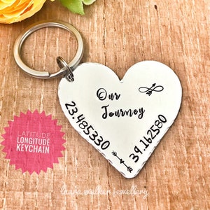 May include: Silver heart-shaped keyring with the text "Our Journey" and coordinates 23.485330 and 39.162580 engraved on it.