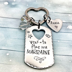 Hand Stamped Veux tu être ma Marraine?, Personalised French Godmother Keyring