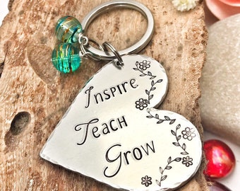 Keyring Teacher, Gift Teacher Keychain, Stamped Teacher Keychain, Thank you Teacher, Name Keychain Teacher, Teach Inspire Grow