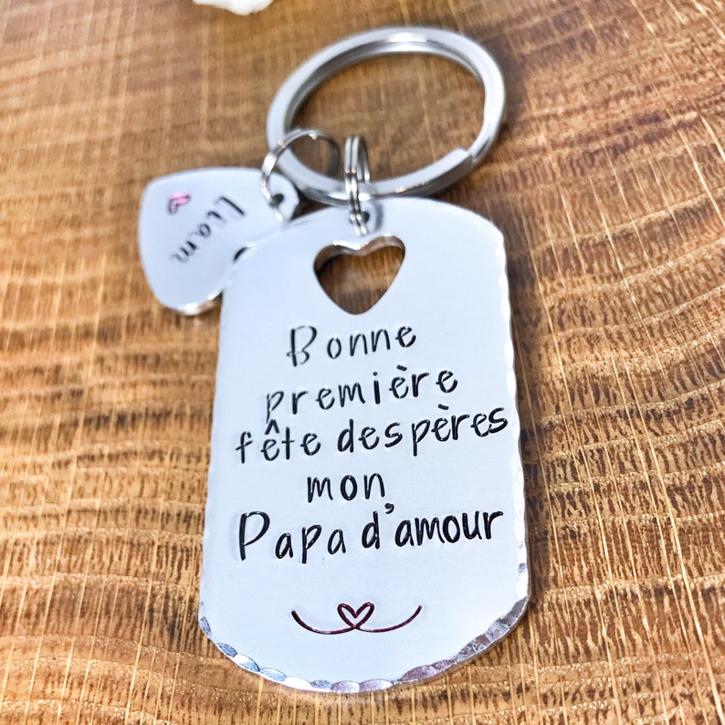 French First Father's Day Keychain, Hand Stamped Personalised French Message Keyring for Papa image 4