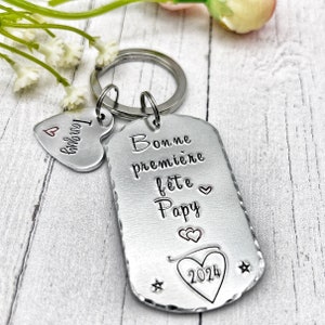French First Grand-Father&#39;s Day Keychain, Hand Stamped Personalised French Message Keyring for Grandad
