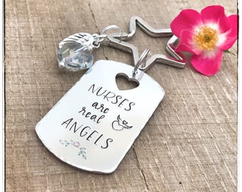 Gift for Nurse, Thank you Gift for Nurse, Stamped Custom Nurse Keychain, Angel Nurse