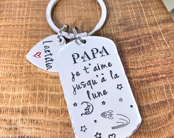 Hand Stamped Personalised French Message Keyring, Dad Husband Papa, Father's Day