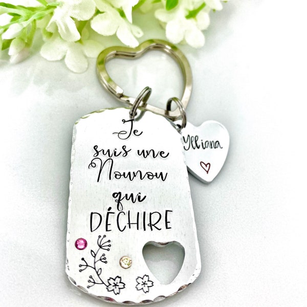 Nounou qui Déchire, Hand Stamped Nounou Gift, French Nounou, Keychain Nounou