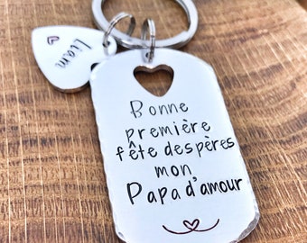 French First Father&#39;s Day Keychain, Hand Stamped Personalised French Message Keyring for Papa