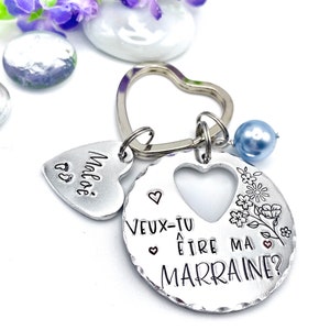 Hand Stamped Veux tu être ma Marraine?, Personalised French Godmother Keyring