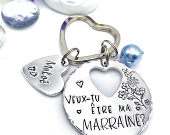Hand Stamped Veux tu être ma Marraine?, Personalised French Godmother Keyring