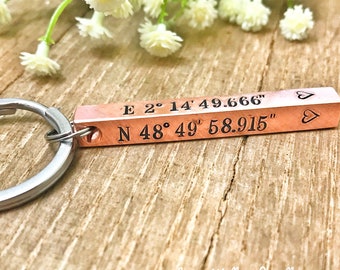 Copper Bar Keychain, GPS Copper Keyring Keychain, Longitude Latitude Copper Keychain, Copper Anniversary Gift