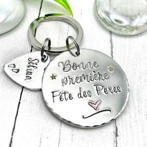 French First Father's Day Keychain, Hand Stamped Personalised French Message Keyring for Papa