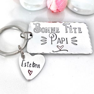 Hand Stamped Personalised French Message Keyring, Dad Husband Papa Papi, Father&#39;s Day, Porte Clé Papy