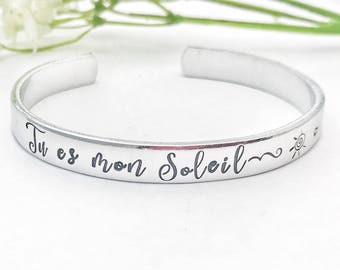 Personalized Cuff Bangle, Custom Metal Bangle, Stamped Message Bangle