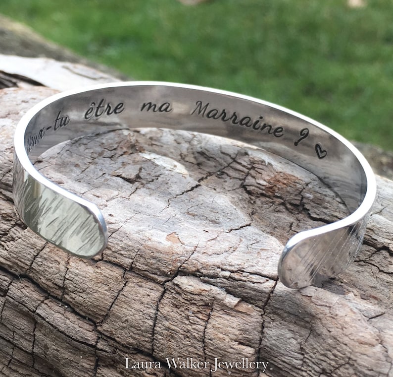 Personalised Cuff Bangle, Custom Metal Bangle, Hand Stamped Message Bangle, Godmother Cuff Bracelet image 1