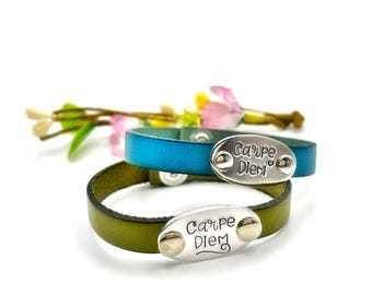 Inspirational Leather Bracelet – 'Carpe Diem' – Gift for Friend, Sister